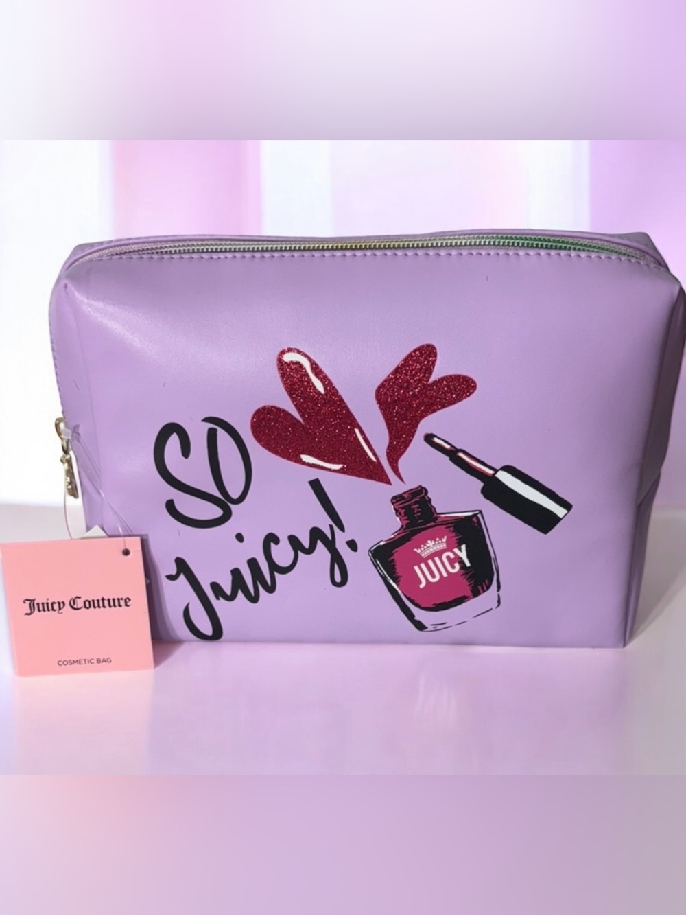 Juicy Couture Lavender Cosmetic Pouch with Pink Glitter Nail Art